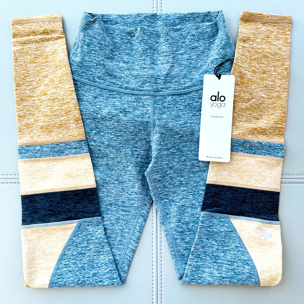 NWT! Alo Yoga Women's Blue Gray Yellow High Rise Soft Momentum Leggings Size XXS